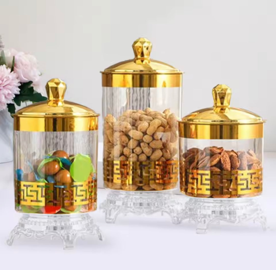 Set of 3 Candy Jar With Lid, Transparent Dry Food Storage Container, Tea Party Serving Jar, Cookie Jar Set of 3 Candy Jar With Lid, Transparent Dry Food Storage Container, Tea Party Serving Jar, Cookie Jar